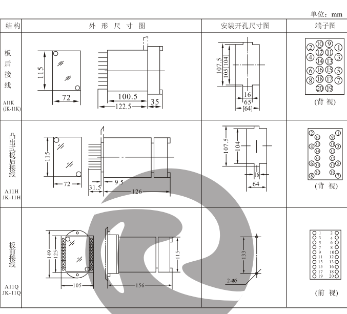 JZY-206中間繼電器外形及安裝開孔尺寸圖