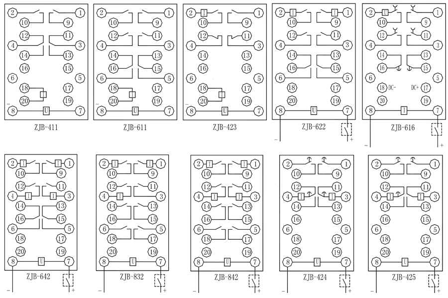 ZJB-424保持中間繼電器內部接線圖