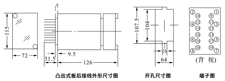 JZS-202/4凸出式板后接線安裝尺寸圖