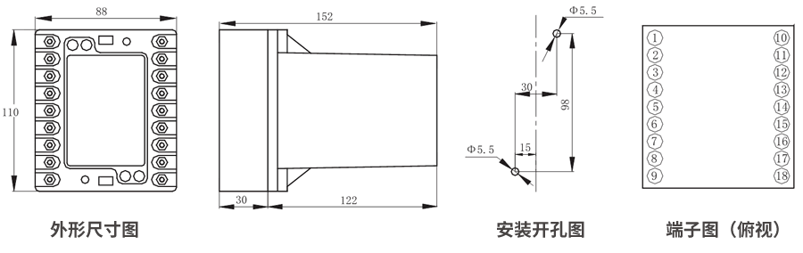 JZS-7/345凸出式板前接線外形尺寸和安裝尺寸圖