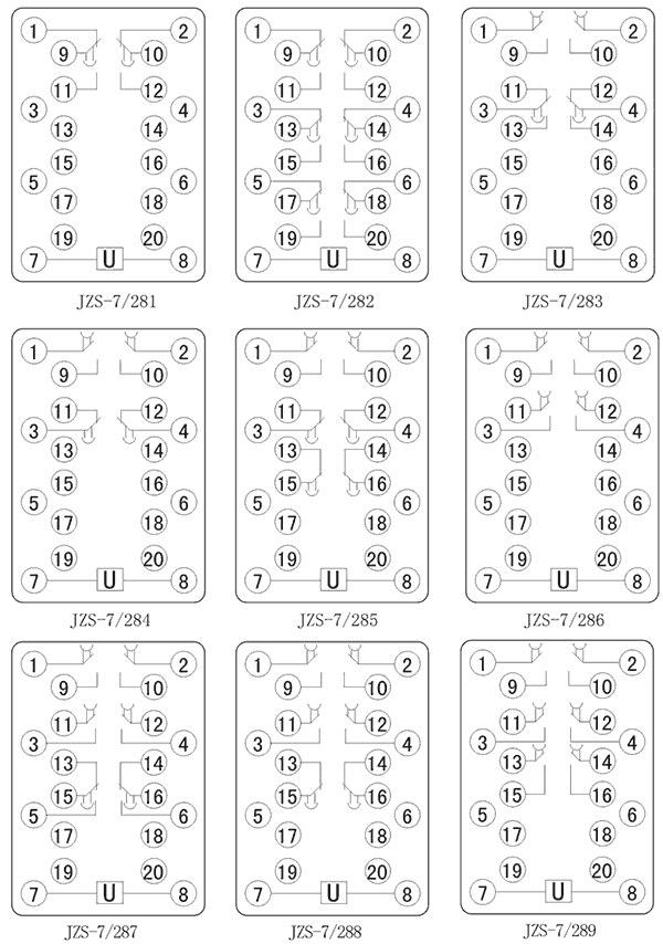 JZS-7/289斷電延時(shí)中間繼電器內(nèi)部接線圖